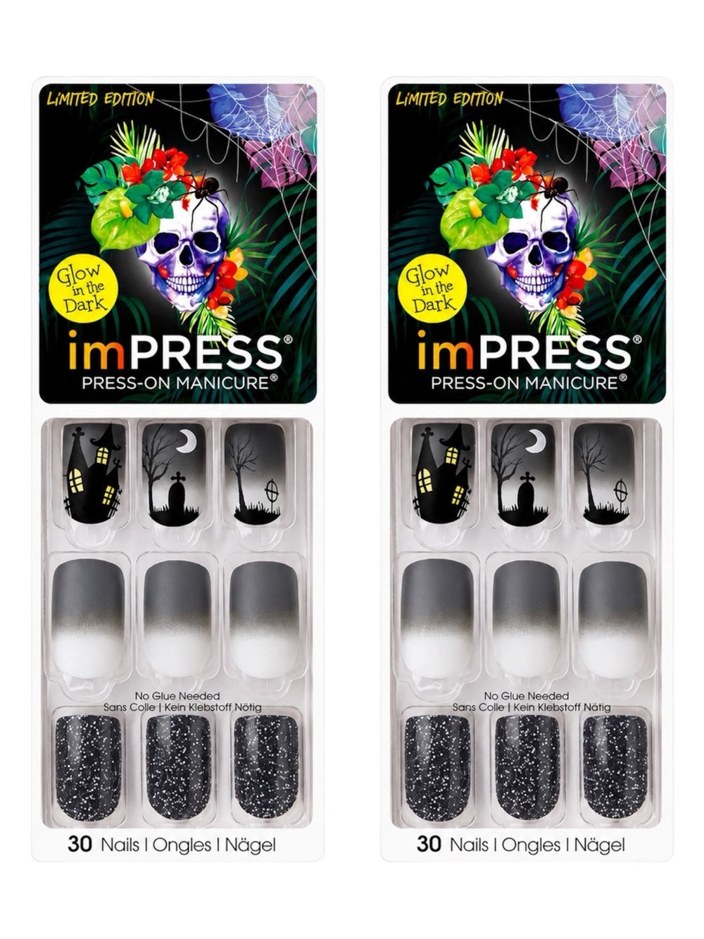 KISS IMPRESS PRESS-ON - 30 NAIL & ACCENT - HALLOWEEN SHINING - GLOW IN DARK X2